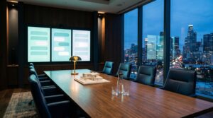 Modern real estate boardroom with city skyline view and three AI chat-bubble displays