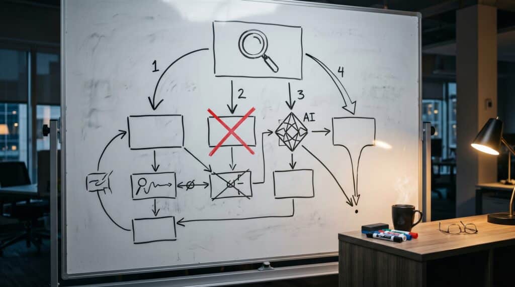 Office whiteboard with hand-drawn AI search funnel flowchart, navy and teal editorial lighting