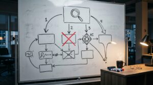 Office whiteboard with hand-drawn AI search funnel flowchart, navy and teal editorial lighting