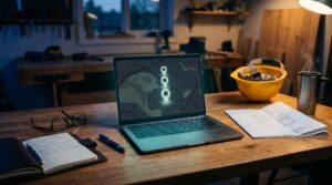 Service business desk with laptop showing local map pin results, hard hat, and blueprints under navy and teal editorial lighting