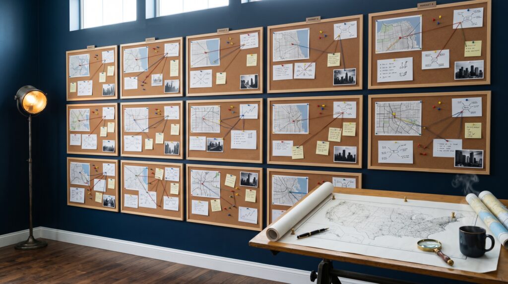 Strategy planning room with twelve cork boards and drafting table with US map