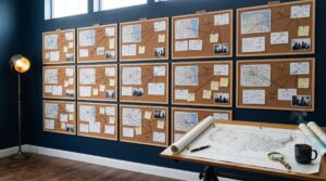 Strategy planning room with twelve cork boards and drafting table with US map