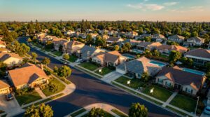 Aerial photograph of American suburban neighborhood at golden hour with for-sale signs