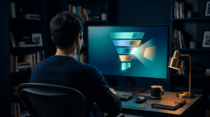 Business owner reviewing an abstract marketing funnel on a glowing monitor at night, spotting where leads leak