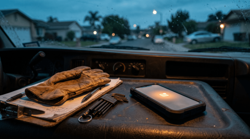 Work van dashboard at dusk with a service tech phone lighting up with a missed-call text notification in San Diego